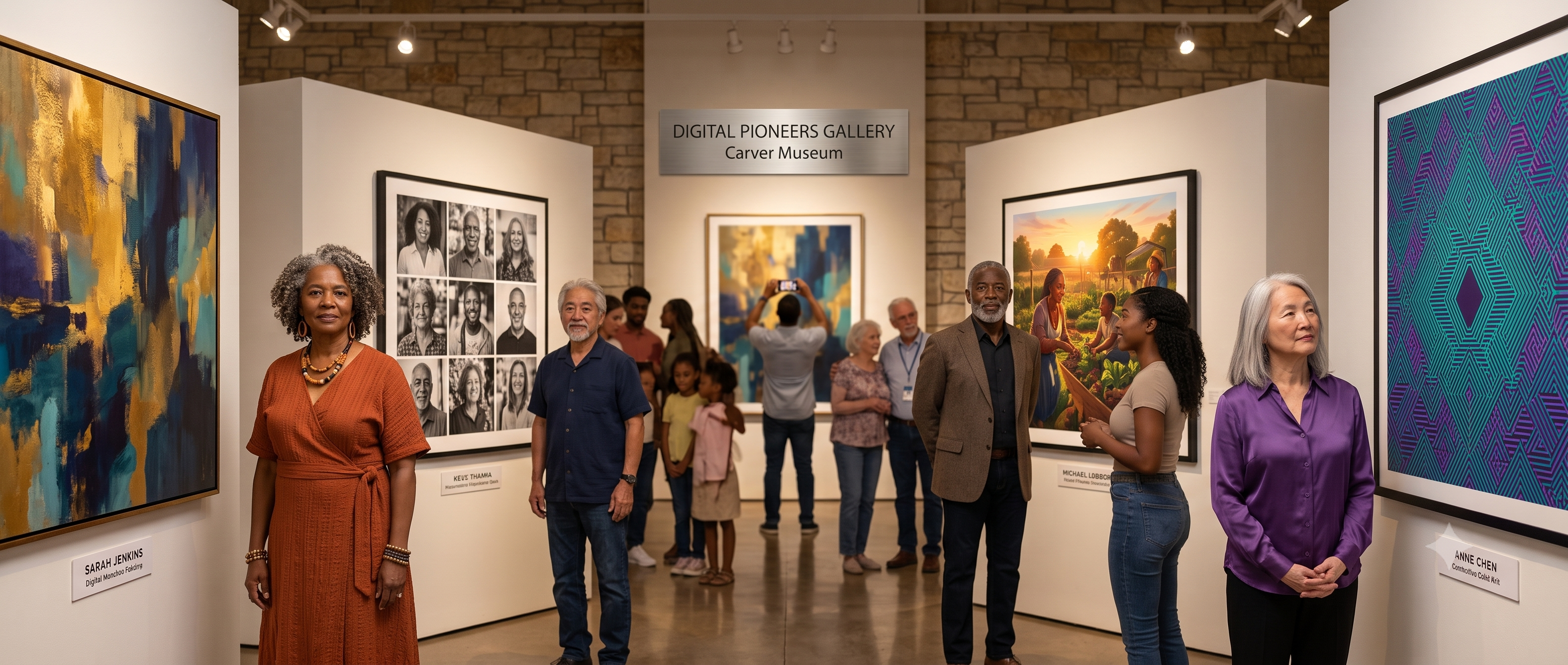 Digital Pioneer Gallery opening at The Carver Museum — adults 50+ standing with their artwork and certificates of completion